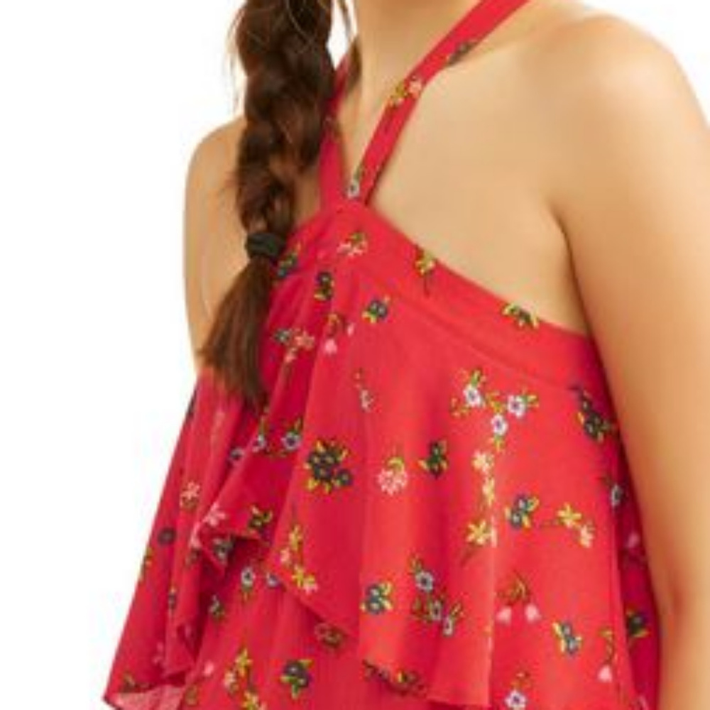 Juniors Printed Flounce Cold Shoulder Halter Top